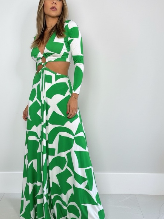 Closet Collection Dresses & Skirts - Green & White Cutout Ring Maxi Dress